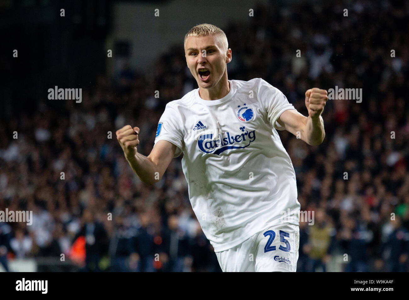 Copenhagen, Denmark. 13rd, August 2019. Victor Nelsson (25) of FC Copenhagen  scores from the penalty spot during the Champions League qualification  match between FC Copenhagen and Red Star Belgrade at Telia Parken. (