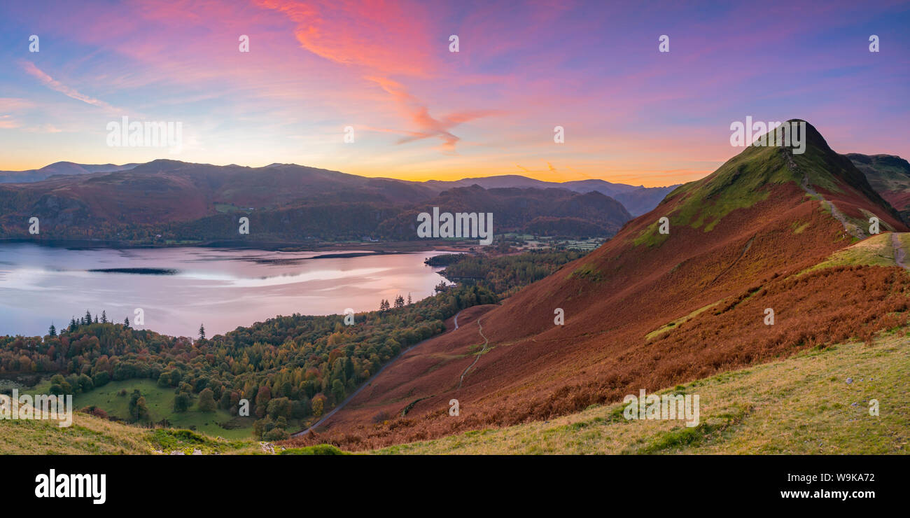 Cat Bells fell at sunrise, Derwentwater, Lake District National Park, Cumbria, England, United Kingdom, Europe Stock Photo