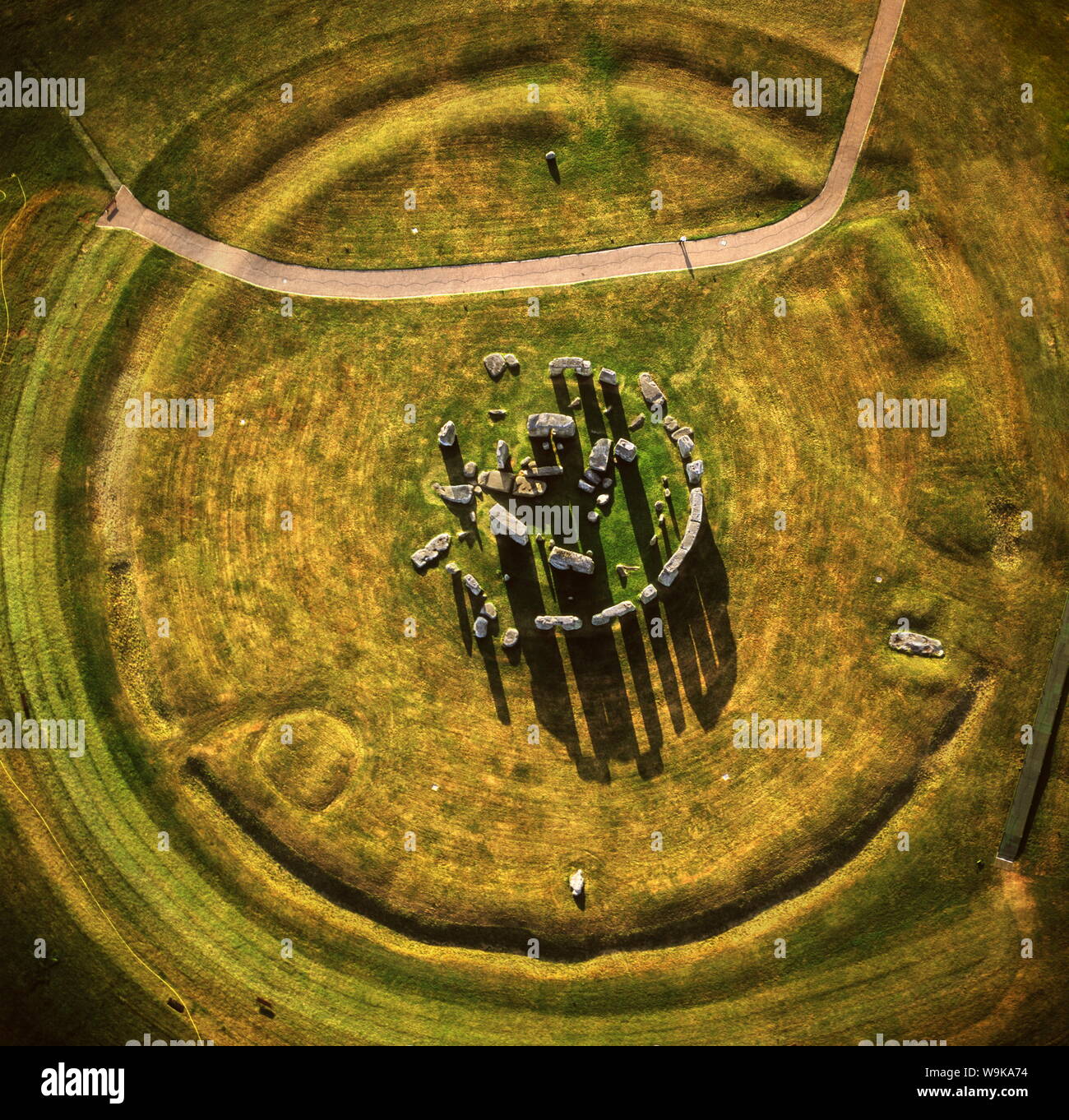 Aerial image of Stonehenge, prehistoric monument and stone circle, UNESCO World Heritage Site, Salisbury Plain, Wiltshire, England, United Kingdom Stock Photo