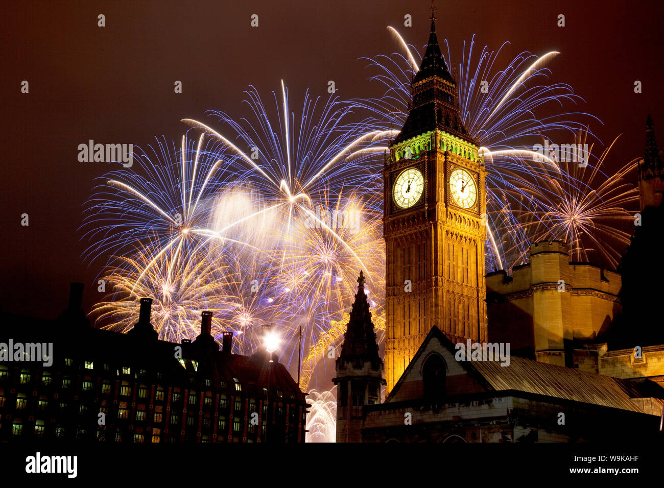New Year fireworks and Big Ben, Houses of Parliament, Westminster