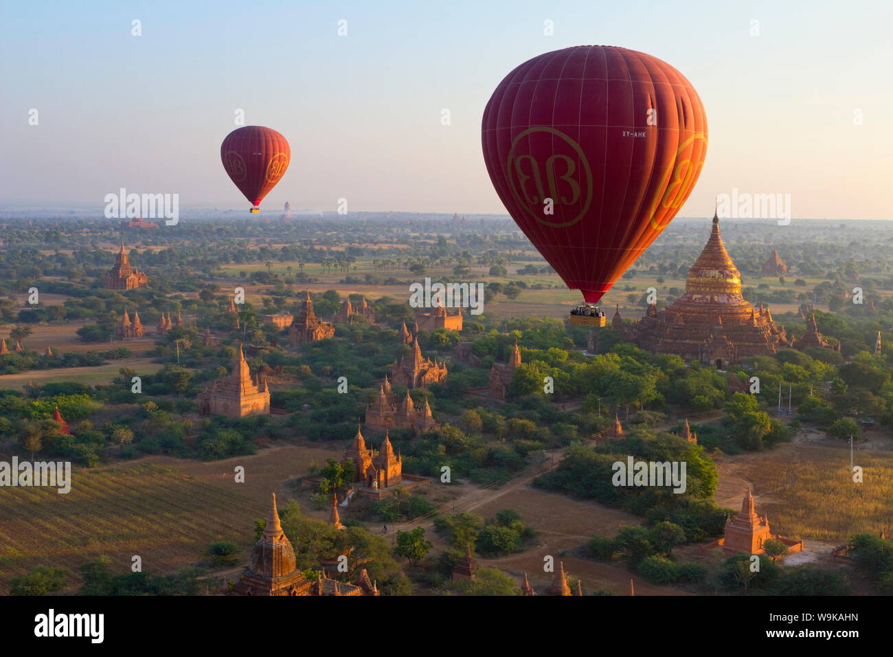 Dawn over ancient temples from hot air balloon, Bagan (Pagan), Central Myanmar, Myanmar (Burma), Asia Stock Photo