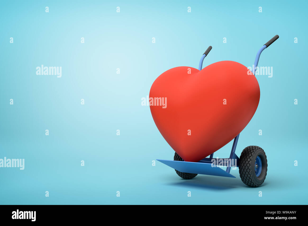 3d rendering of big red heart on a hand truck on blue background Stock Photo