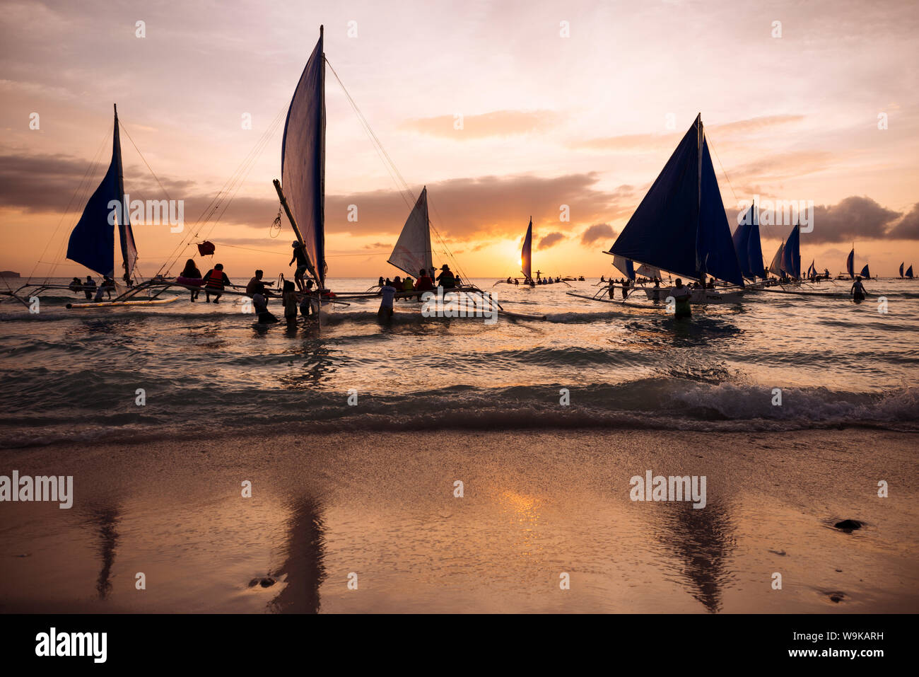Paraw boats, White Beach, Boracay, The Visayas, Philippines, Southeast Asia, Asia Stock Photo