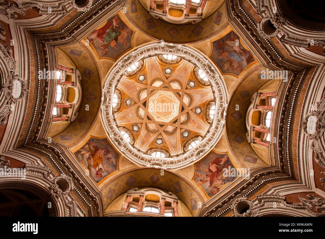 The complex geometrical baroque ceiling of San Lorenzo church, designed by the architect Guarino Guarini in the 17th century, Turin, Piedmont, Italy Stock Photo