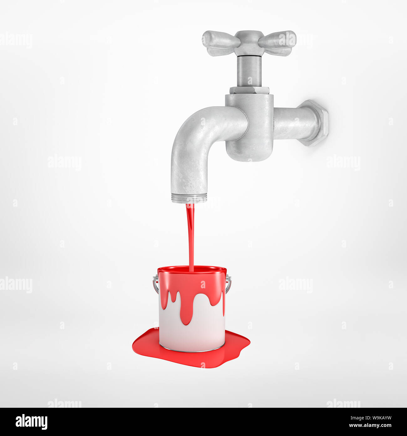 3d rendering of silver metal tap with red paint pouring into metal
