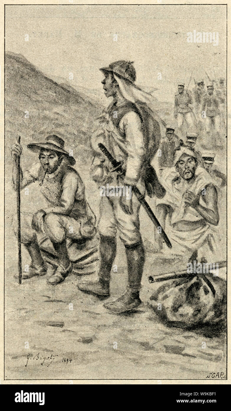 [ 1890s Japan - First Sino-Japanese War (1894–1895) ] —   Civilian porters with the Japanese Imperial Army in Korea during the First Sino-Japanese War (1894–1895).  Published in the French illustrated weekly Le Monde Illustré in 1894 (Meiji 27). Art by French artist Georges Ferdinand Bigot (1860-1927), famous for his satirical cartoons of life in Meiji period Japan.  19th century vintage newspaper illustration. Stock Photo