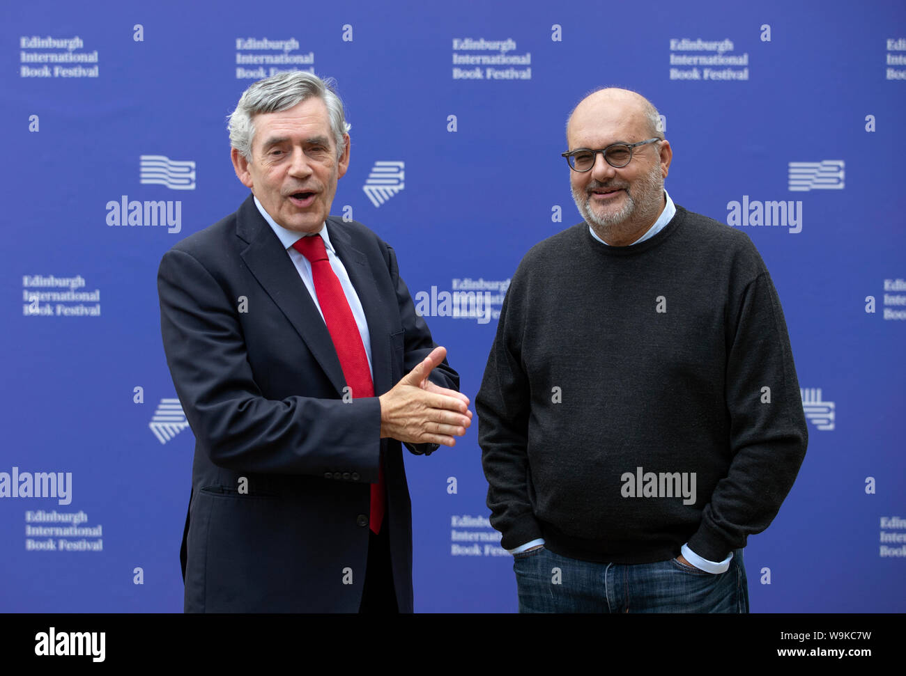 Former Prime Minister Gordon Brown (left) with economist Branko Milanovic ahead of their discussion event at the Edinburgh International Book Festival. Stock Photo