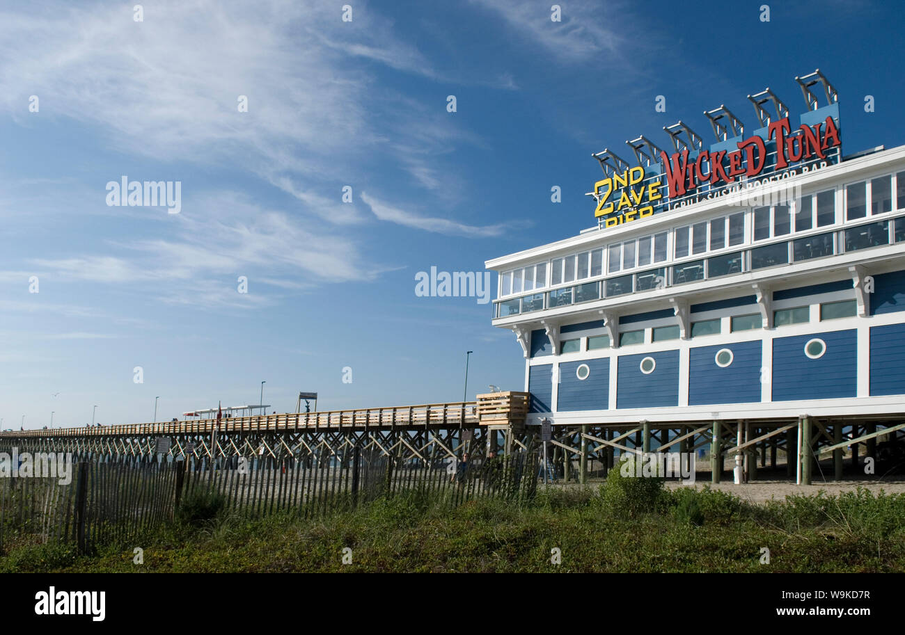 2nd Ave Pier & Wicked Tuna Restaurant at Myrtle Beach SC, USA. Stock Photo