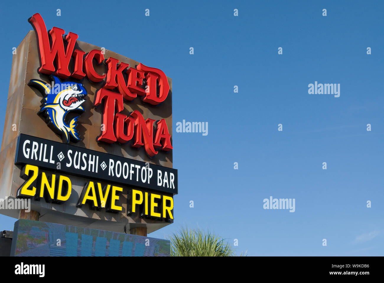 2nd Ave Pier & Wicked Tuna Restaurant sign at Myrtle Beach SC, USA. Stock Photo