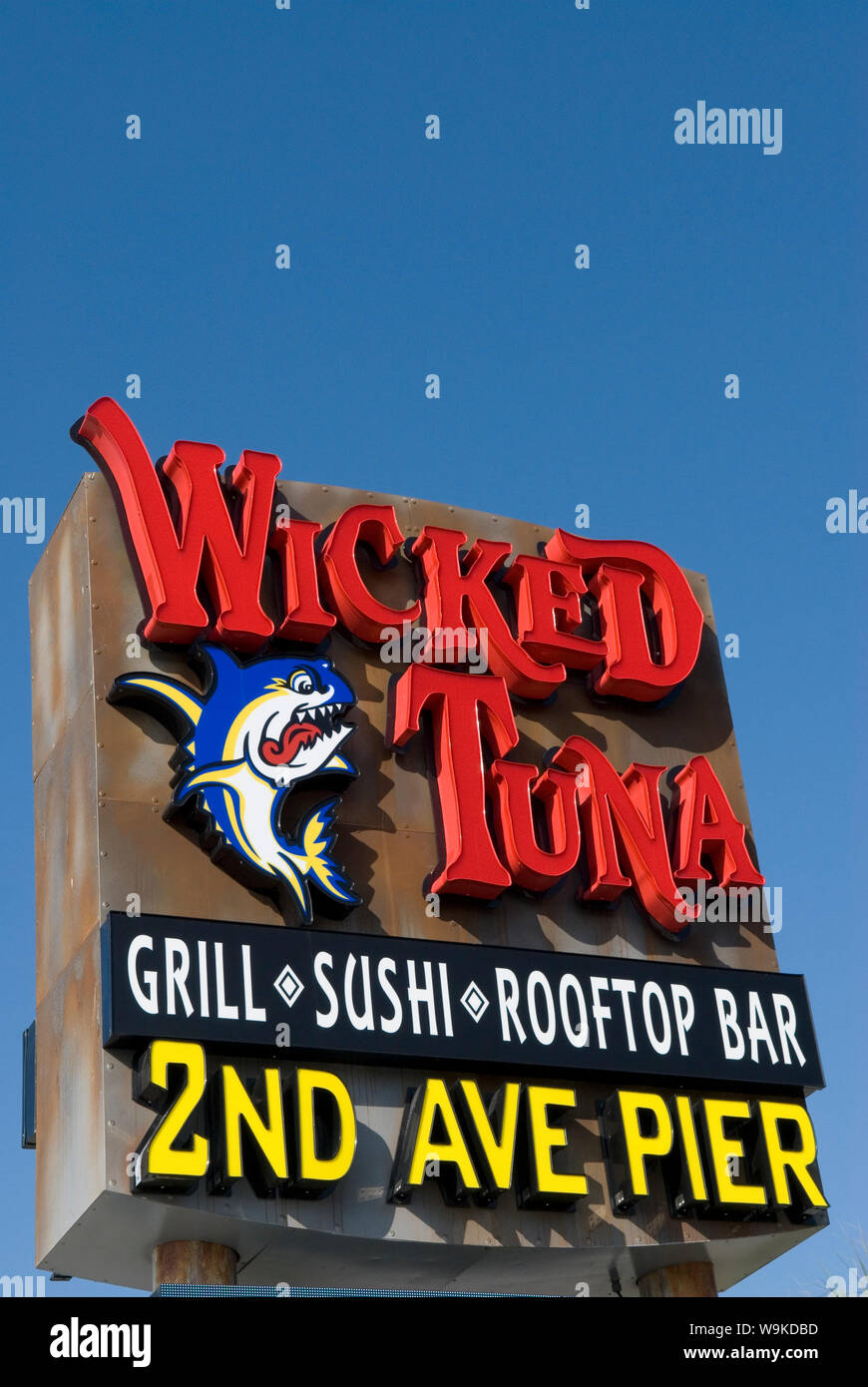 2nd Ave Pier & Wicked Tuna Restaurant sign at Myrtle Beach SC, USA. Stock Photo