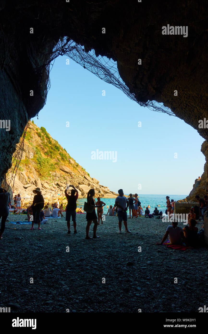Vernazza, La Spezia, Italy July 2, 2019 Cave with the beach in the