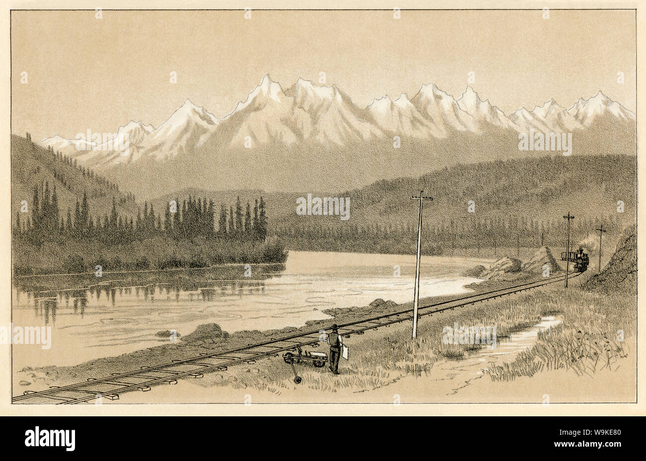 Northern Pacific railroad along Clark's Fork near Perma, Montana, 1880s. Lithograph Stock Photo
