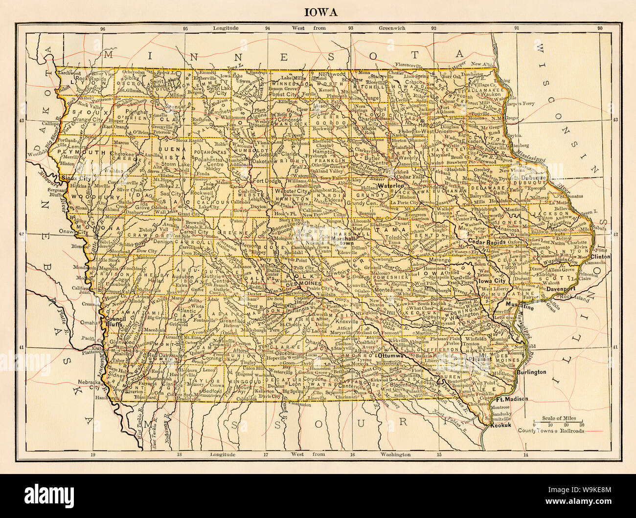 Map of Iowa, 1870s. Color lithograph Stock Photo