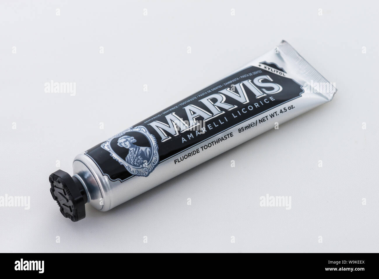 Aluminium tube of Marvis Amarelli Licorice toothpaste on white