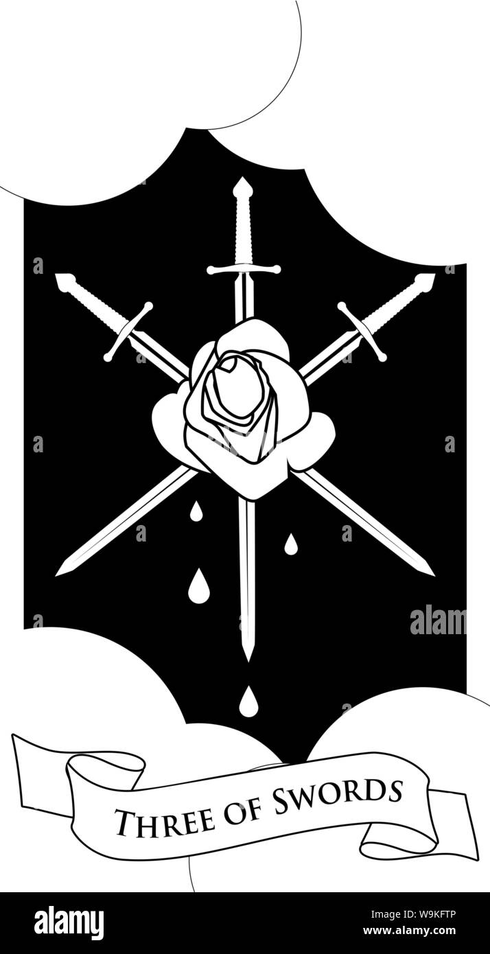 Three of swords. Rose pierced by three swords on clouds background. Blood drops. Stock Vector