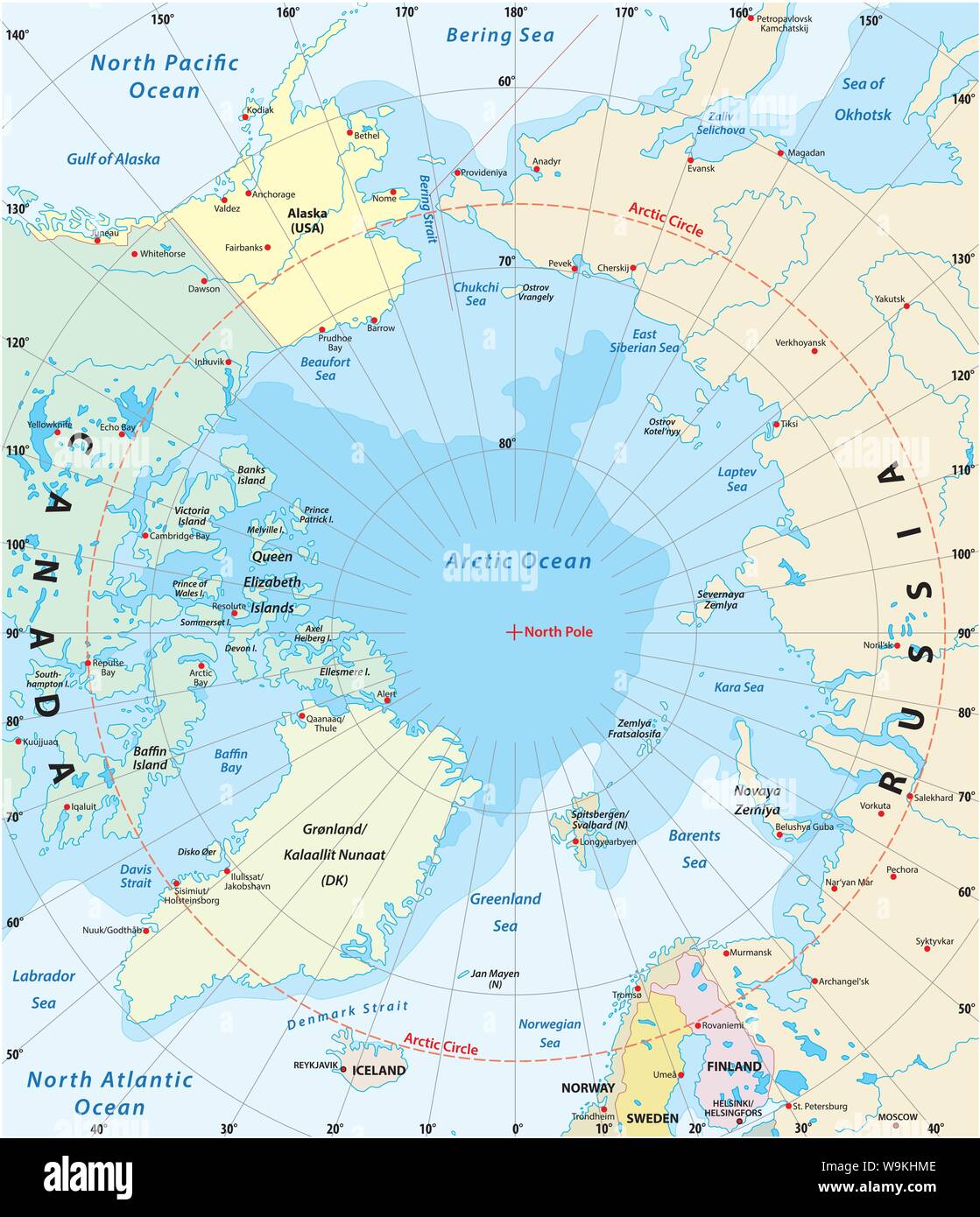 Map of the Arctic with the least and largest extent of the ice cap 2018 Stock Vector