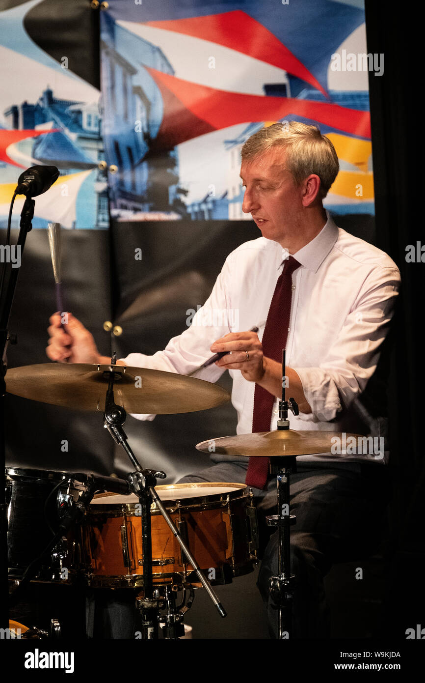 Steve Brown on drums with his Scott Hamilton quartet, Brecon Jazz festival 2019 Stock Photo