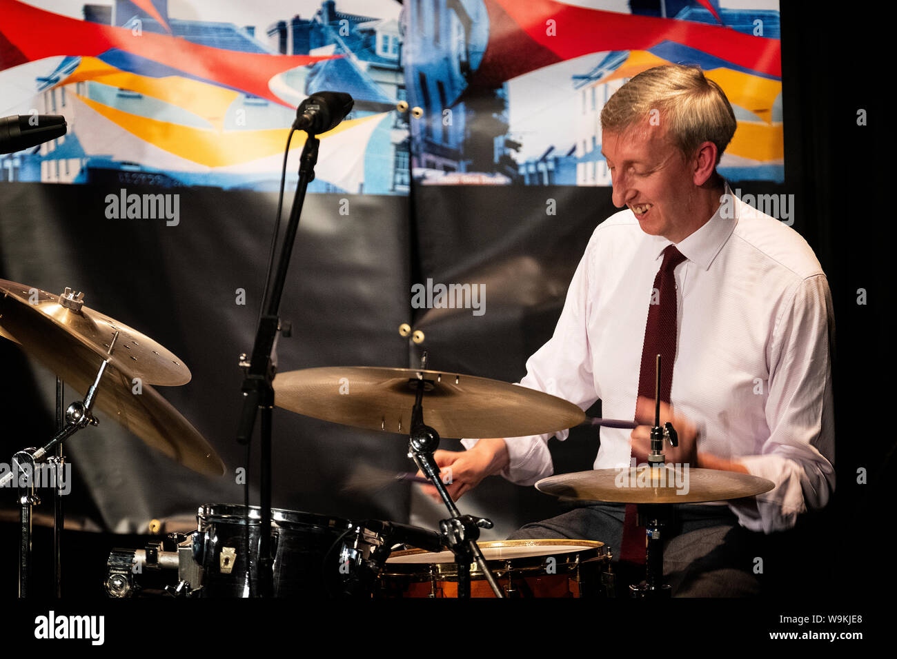 Steve Brown on drums with his Scott Hamilton quartet, Brecon Jazz festival 2019 Stock Photo