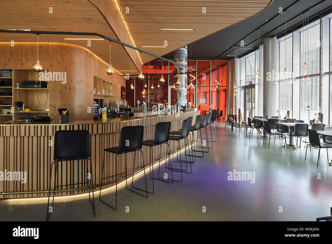 Ground floor cafe bar. DE KOM Theatre, Nieuwegein, Netherlands. Architect: de Architekten Cie, 2012. Stock Photo