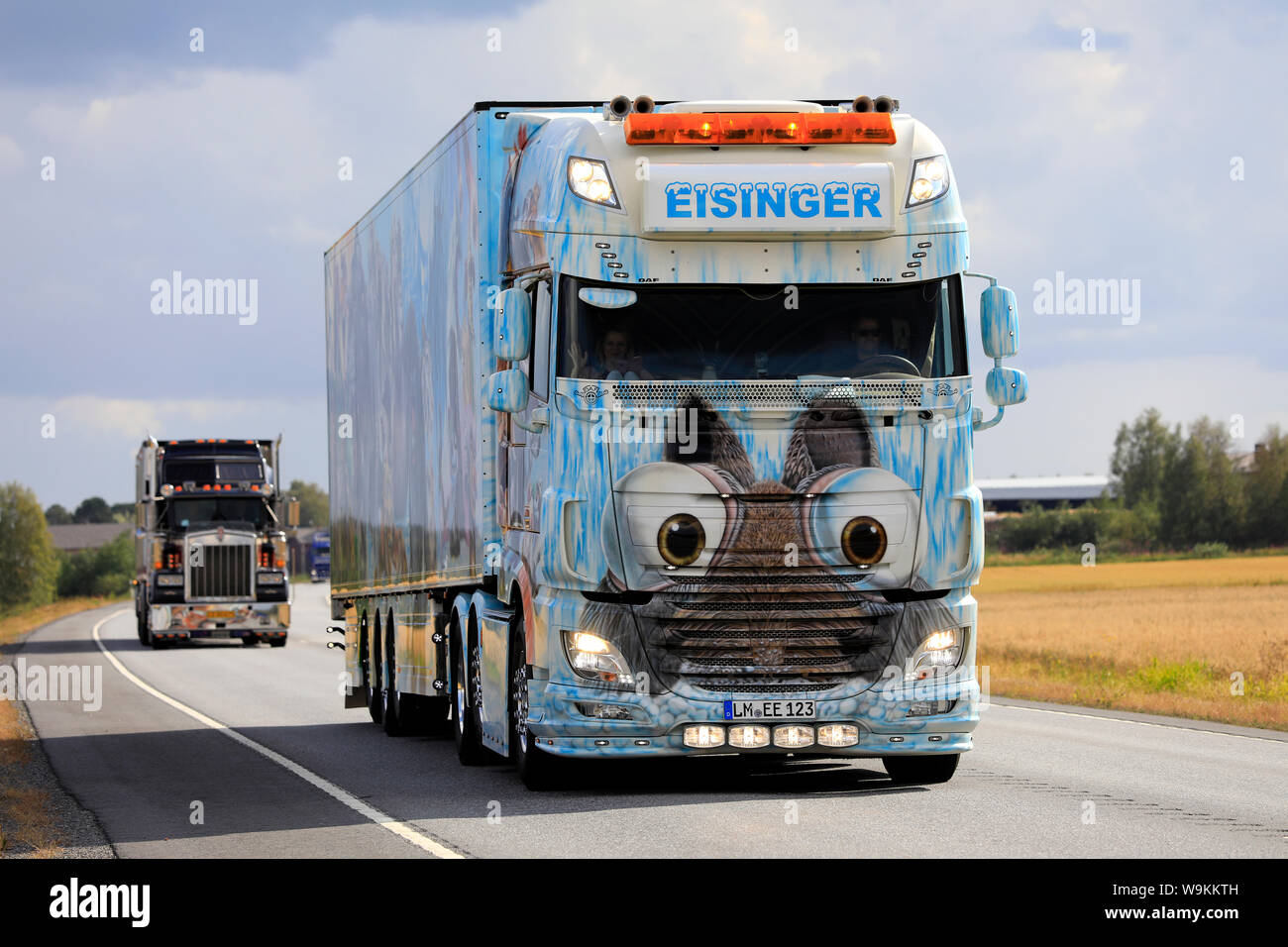 Luopajarvi, Finland. August 8, 2019. Spedition Eisinger DAF XF 106 510 Ice Age and trailer in truck convoy to Power Truck Show 2019. Stock Photo