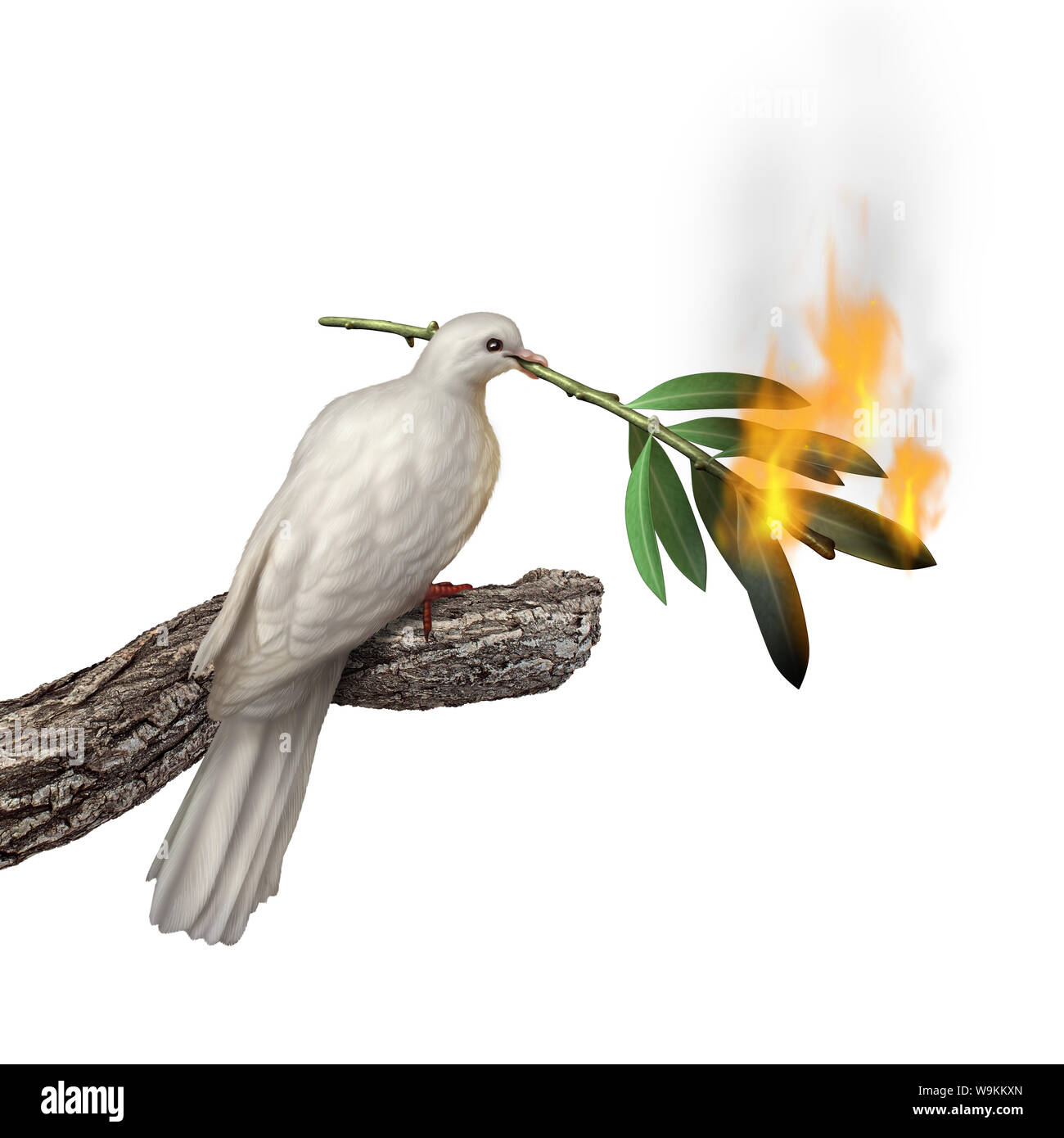 Peace concept with a dove carrying a burning olive tree branch as a crisis in faith or environmental problem idea with 3D illustration elements. Stock Photo