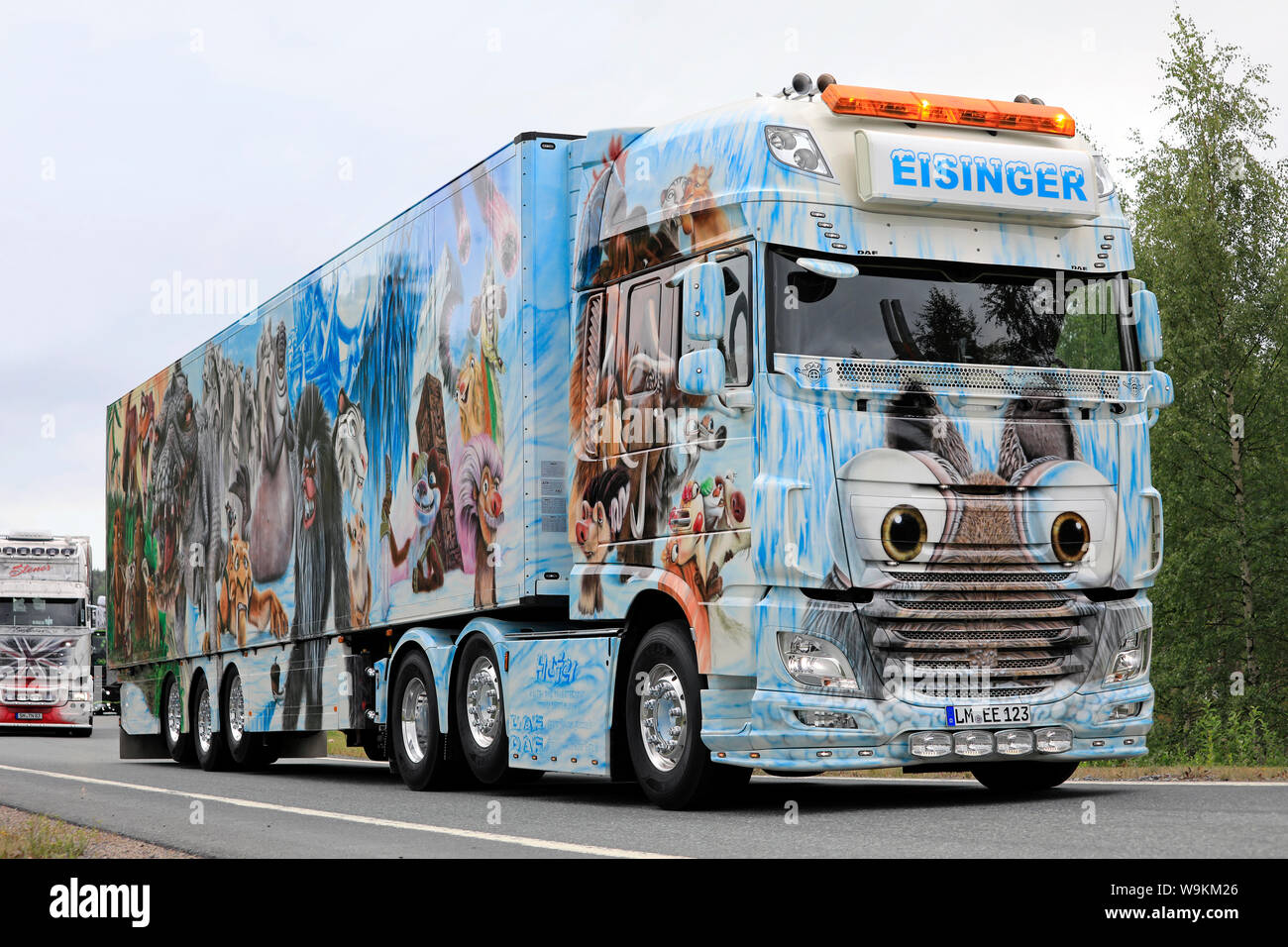 Lempaala, Finland. August 8, 2019. Spedition Eisinger DAF XF 106 510 Ice Age and trailer in truck convoy to Power Truck Show 2019. Stock Photo