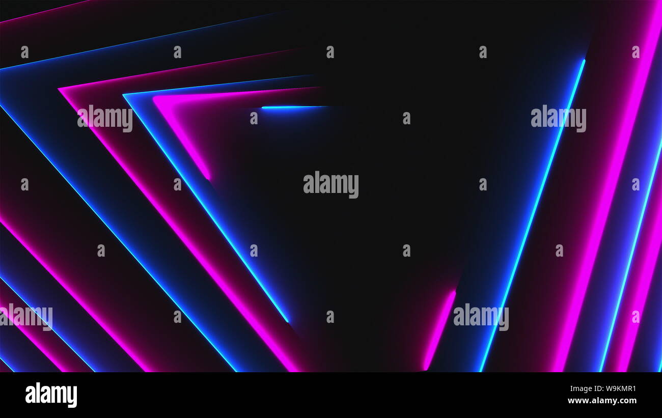 Many neon triangles in space, abstract computer generated backdrop, 3D ...