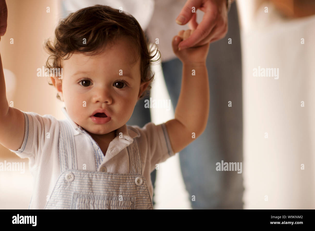 Portrait of baby boy, holding mother's hands. Stock Photo