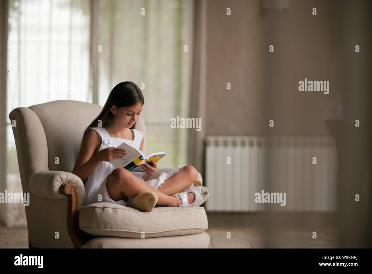 Young girl reading on armchair Stock Photo Alamy