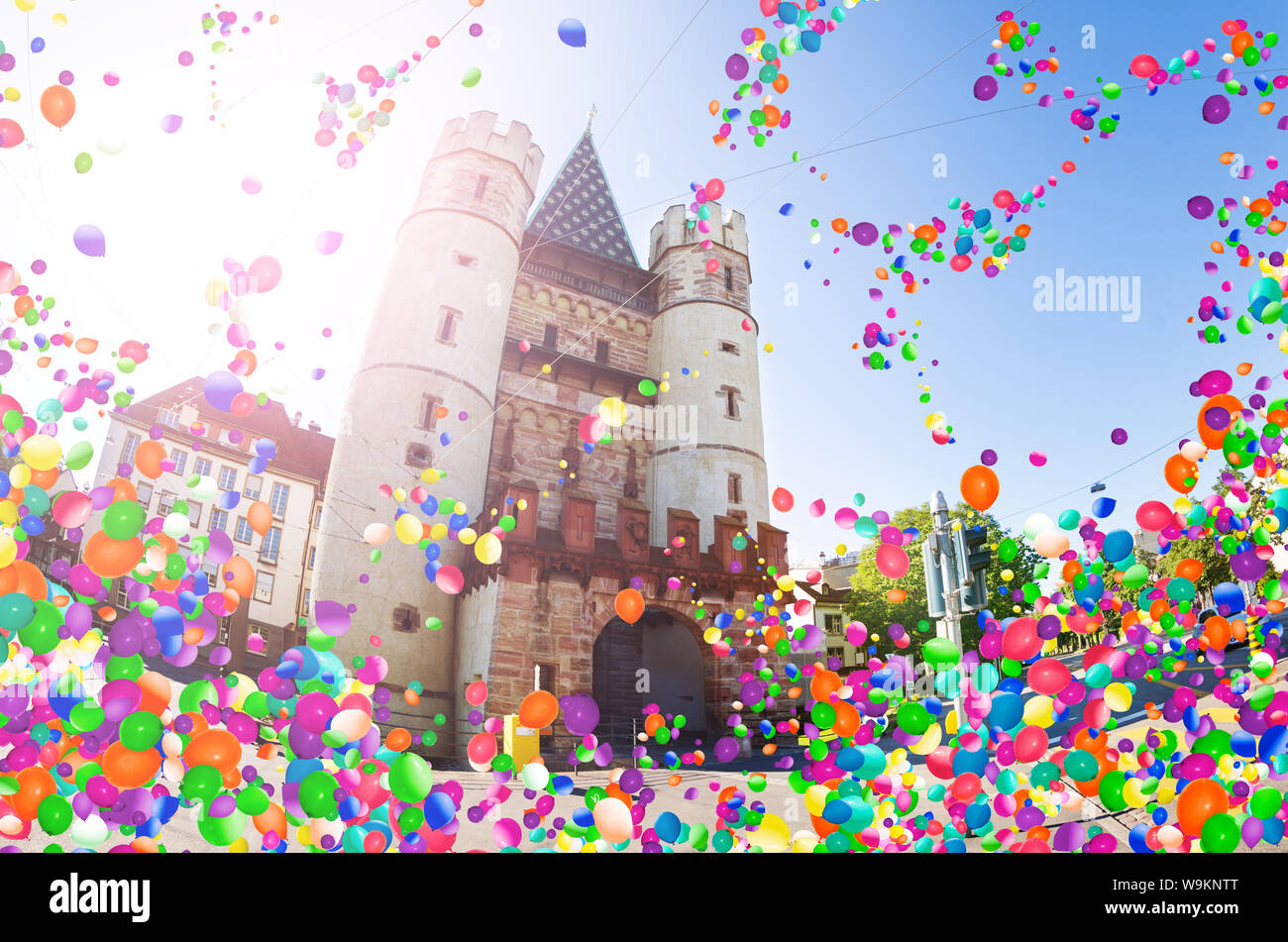 Basel, Switzerland Spalentor gates, air balloons fly Stock Photo