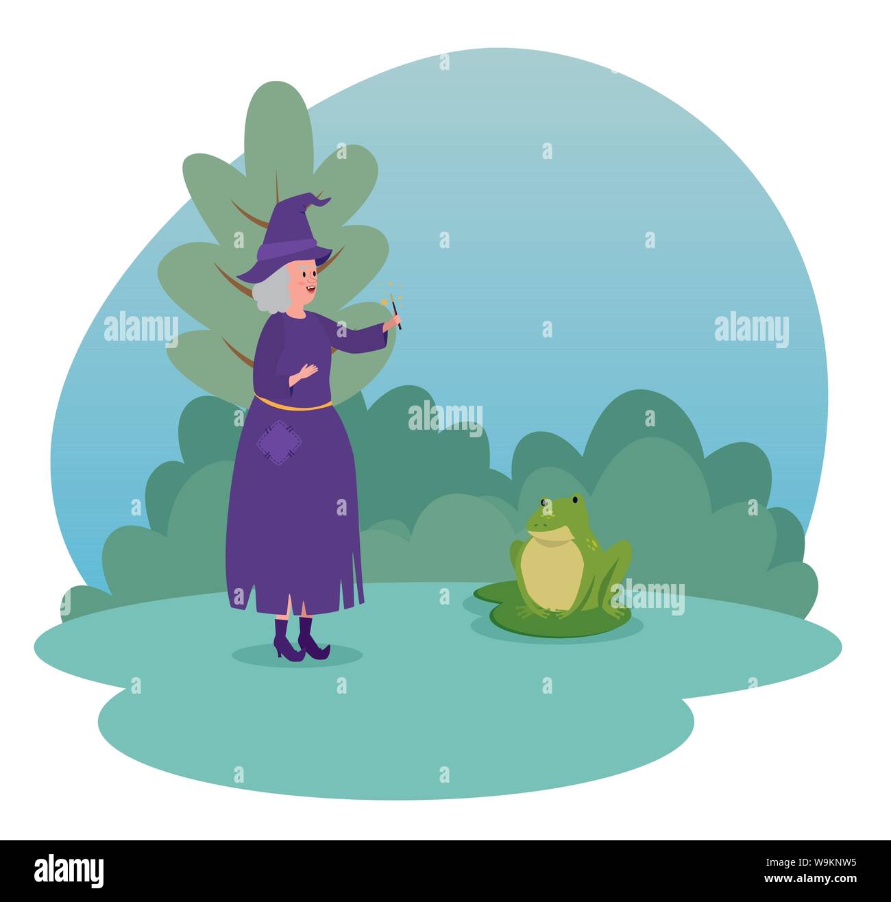 old woman witch with magic wand and frog Stock Vector