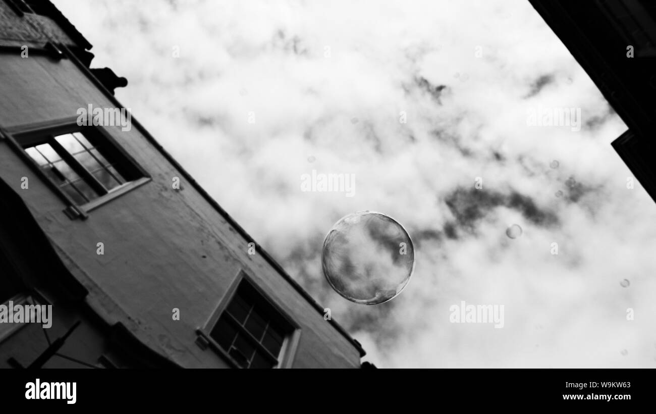 Soap bubbles flying in the streets of York Stock Photo