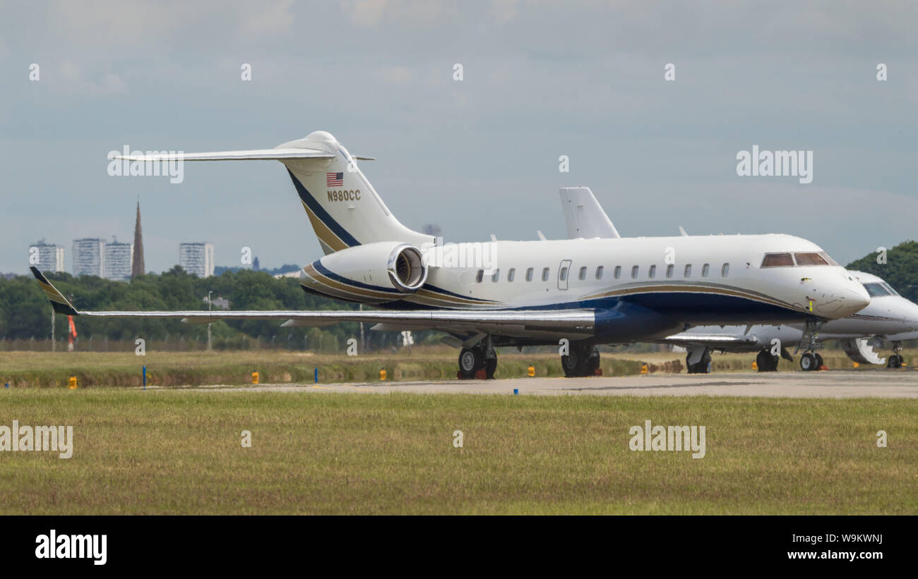 Glasgow, UK. 22 June 2019. The private jet of the pop star, Pink, who is in Glasgow today to perform at her concert later this evening at Hampden Stadium in Glasgow. Her private jet transport is seen parked up on the ramp at Glasgow International Airport.  The jet which is a Bombardier Global Express (reg N908CC) is one of the largest luxury private narrow body private jets around costing around US$70M. Credit: Colin Fisher/CDFIMAGES.COM Stock Photo