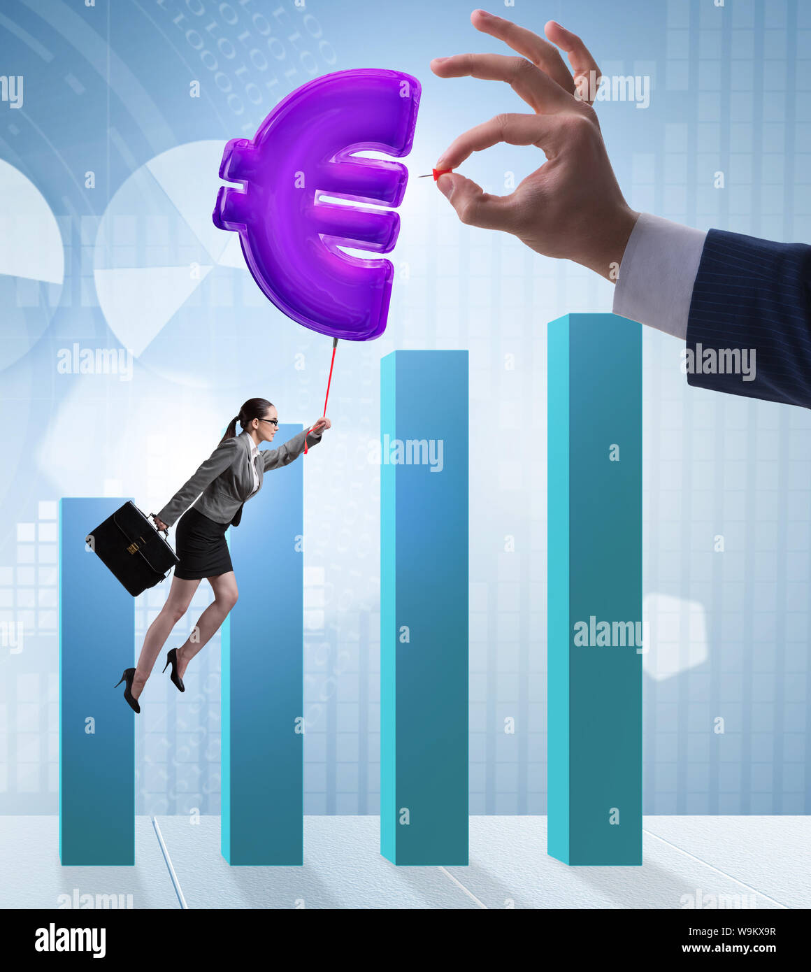 The businesswoman flying on euro sign inflatable balloon Stock Photo ...