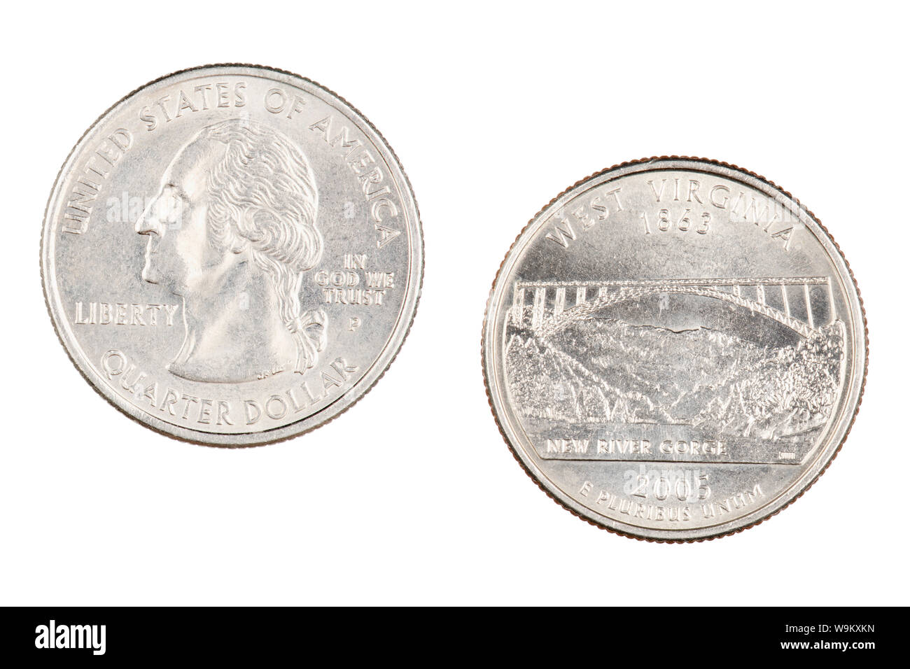 Obverse and reverse sides of the West Virginia 2005p State Commemorative Quarter isolated on a white background Stock Photo