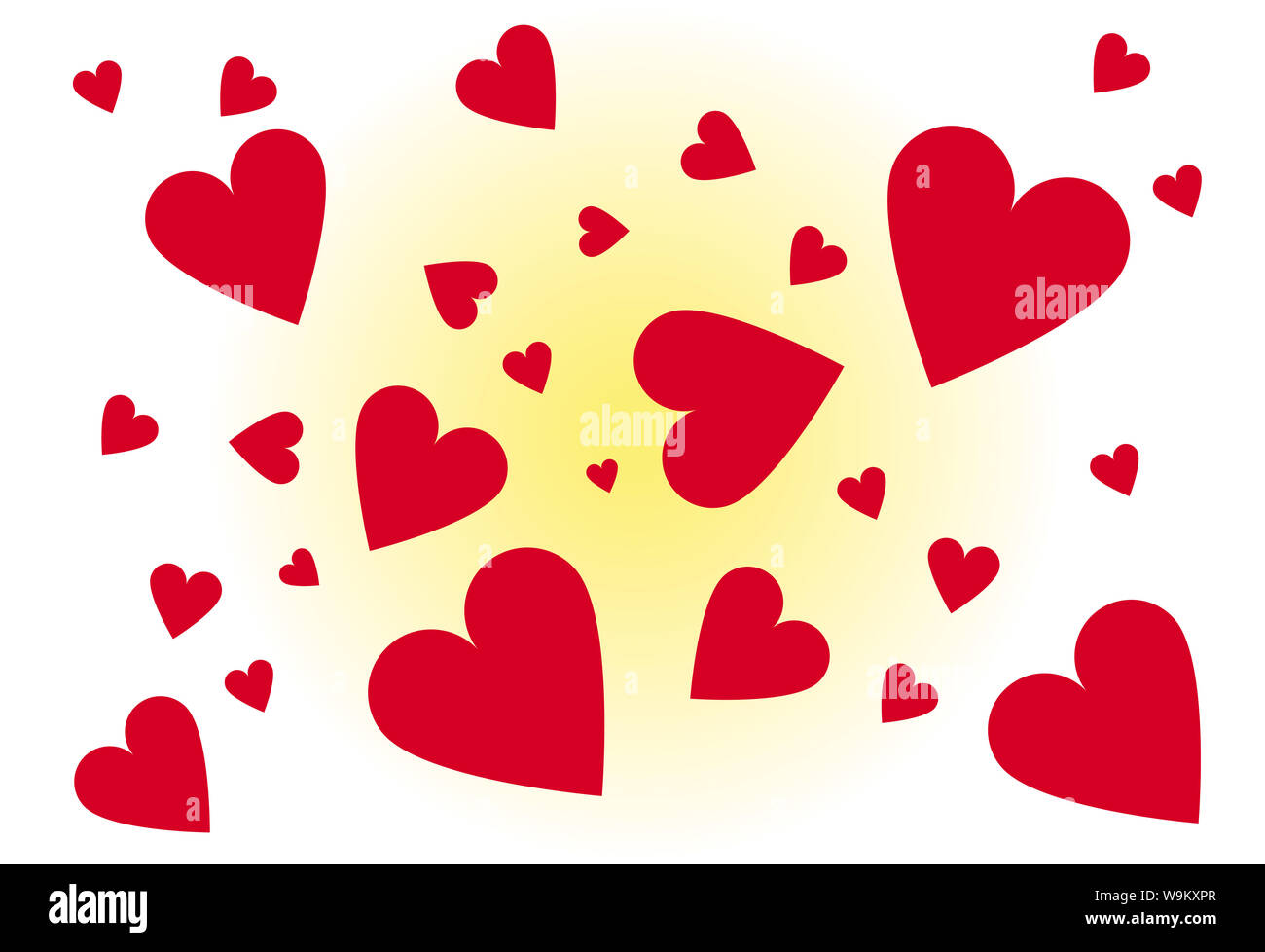 Illustration of hearts floating on white background with glow from center Stock Photo