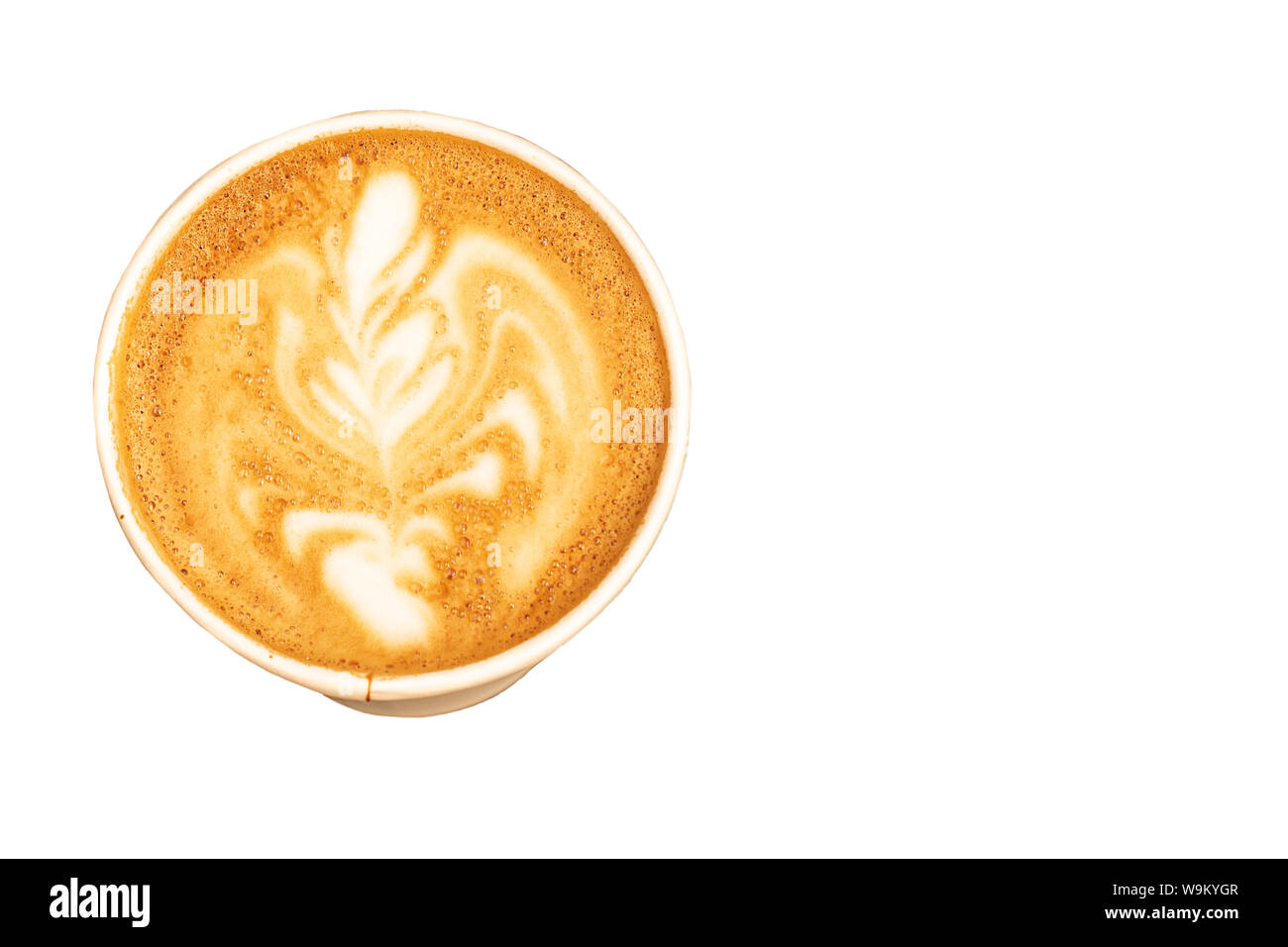 Flat lay paper cup of hot coffee latte art isolated on white background ...