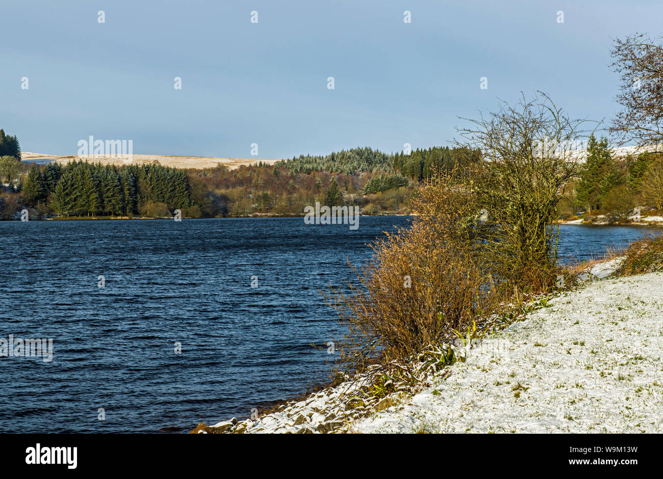 Llwyn Onn Reservoir Brecon Beacons National Park South Wales on a cold and bright snow visited winter day Stock Photo