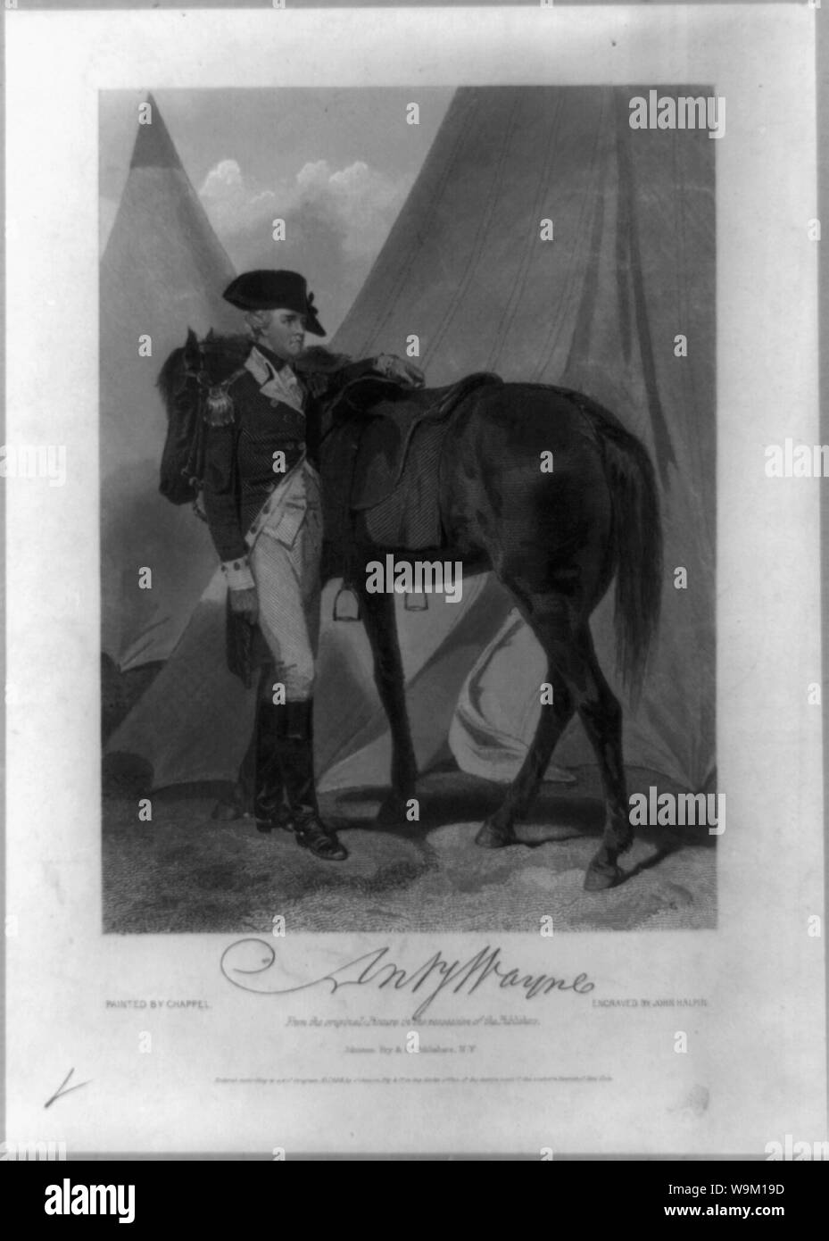 Anthony Wayne, full-length portrait, standing in uniform with horse in front of tents, facing right] / painted by Chappel ; engraved by John Halpin Stock Photo