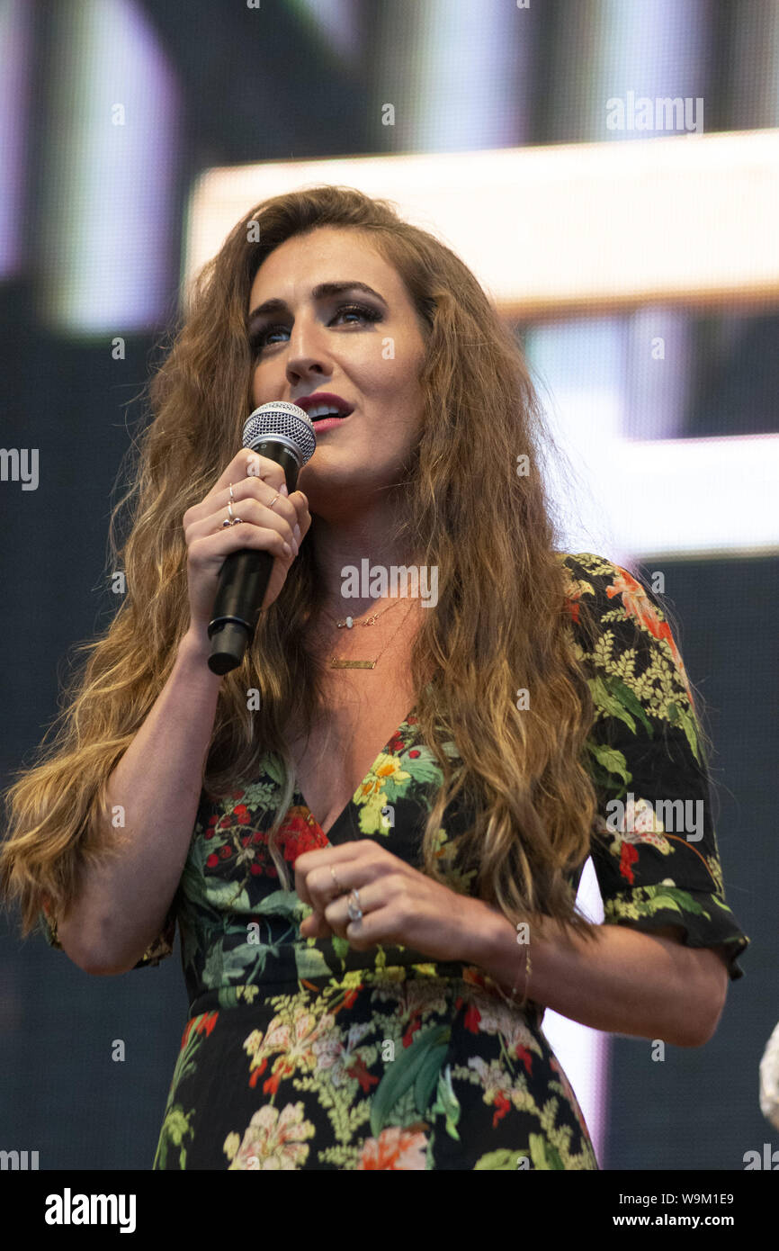 Chicago, IL, USA. 12th Aug, 2019. Despite reports of serious storms, a massive crowd gathered in Millennium Park, Chicago to see the free Broadway in Chicago concert on August 12, 2019. The lead singers from 13 musicals wowed the audience with their performances. ABC-TV reporter Janet Davies and Teatro Zinzanni's Frank Ferrante were the MCs for this event. The show previewed some of the shows coming to Chicago including Frozen, Jesus Christ Superstar, Mean Girls and the Donna Summer Musical. Pictured: Hannah Shankman from The Bands Visit Credit: Karen I. Hirsch/ZUMA Wire/Alamy Live News Stock Photo