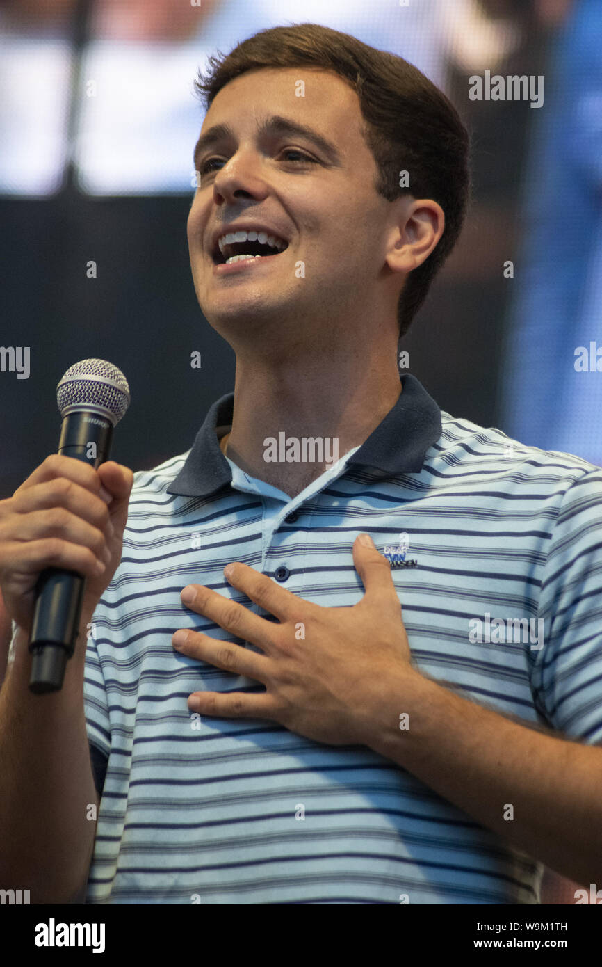 Chicago, IL, USA. 12th Aug, 2019. Despite reports of serious storms, a massive crowd gathered in Millennium Park, Chicago to see the free Broadway in Chicago concert on August 12, 2019. The lead singers from 13 musicals wowed the audience with their performances. ABC-TV reporter Janet Davies and Teatro Zinzanni's Frank Ferrante were the MCs for this event. The show previewed some of the shows coming to Chicago including Frozen, Jesus Christ Superstar, Mean Girls and the Donna Summer Musical. Pictured Stephen Christopher Anthony from Dear Evan Hansen. (Credit Image: © Karen I. Hirsch/ZUMA W Stock Photo
