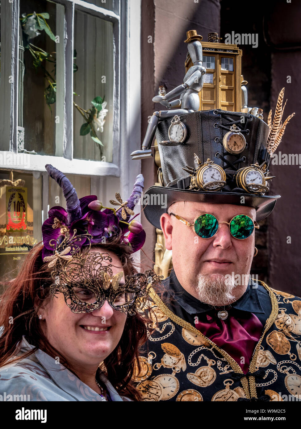 Couple in steampunk costumes at Whitby steampunk weekend, UK. Stock Photo
