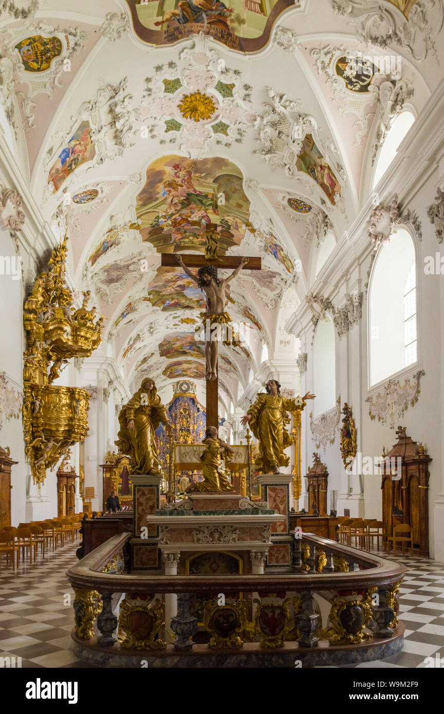 Stams, Austria (4th August 2019) - Inside view of the Basilica of Our Lady at the Stams Abbey, beautiful example of baroque art in Tyrol Stock Photo