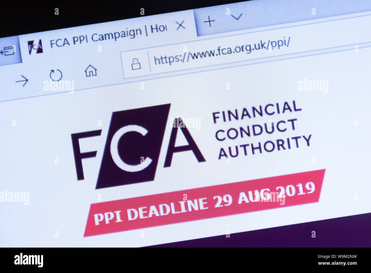 PPI claim deadline 29 August 2019 on the FCA (Financial Conduct Authority) website displayed on a laptop screen screenshot, UK. Stock Photo