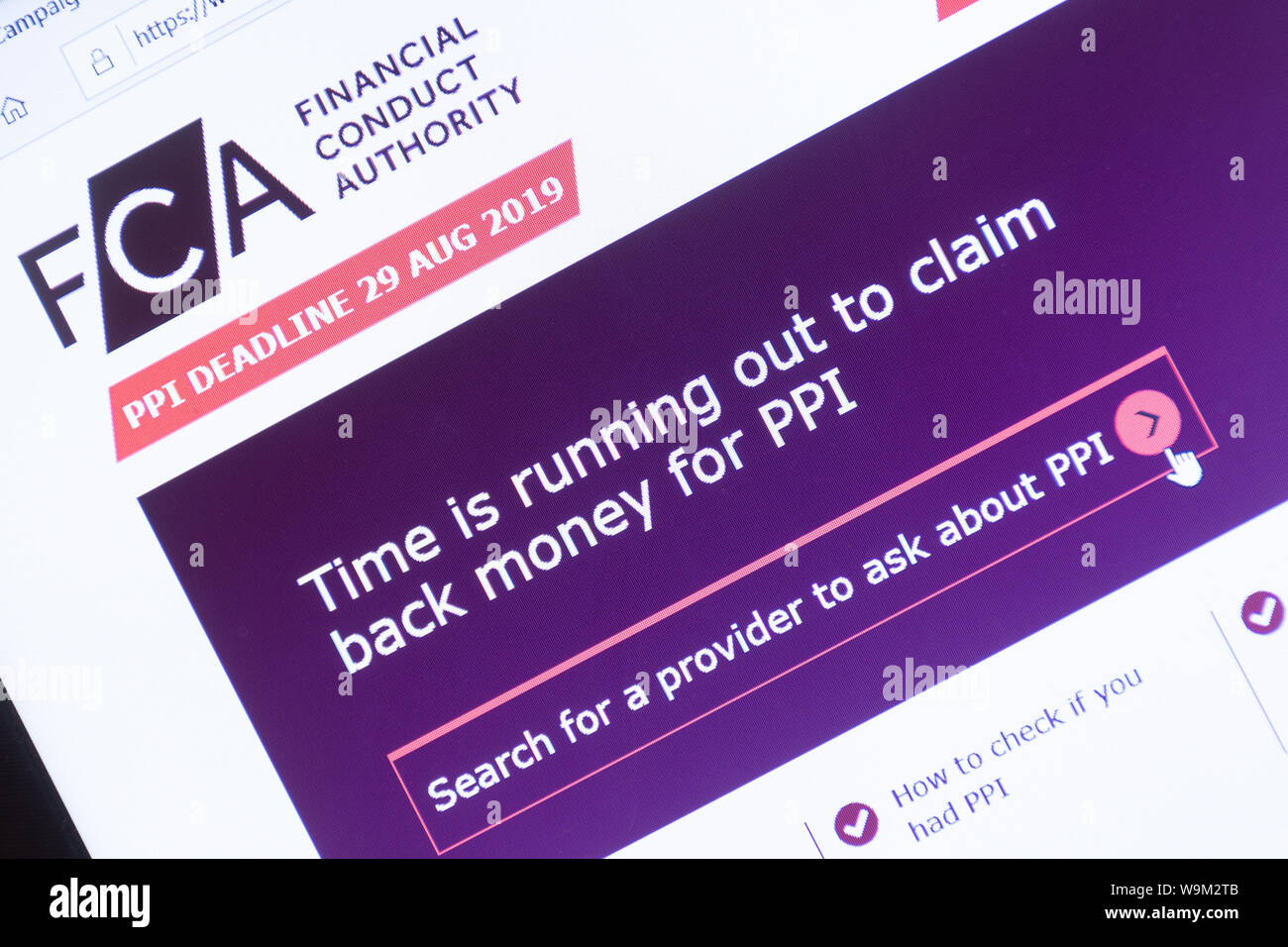 PPI claim deadline 29 August 2019 on the FCA (Financial Conduct Authority) website displayed on a laptop screen screenshot, UK. Stock Photo