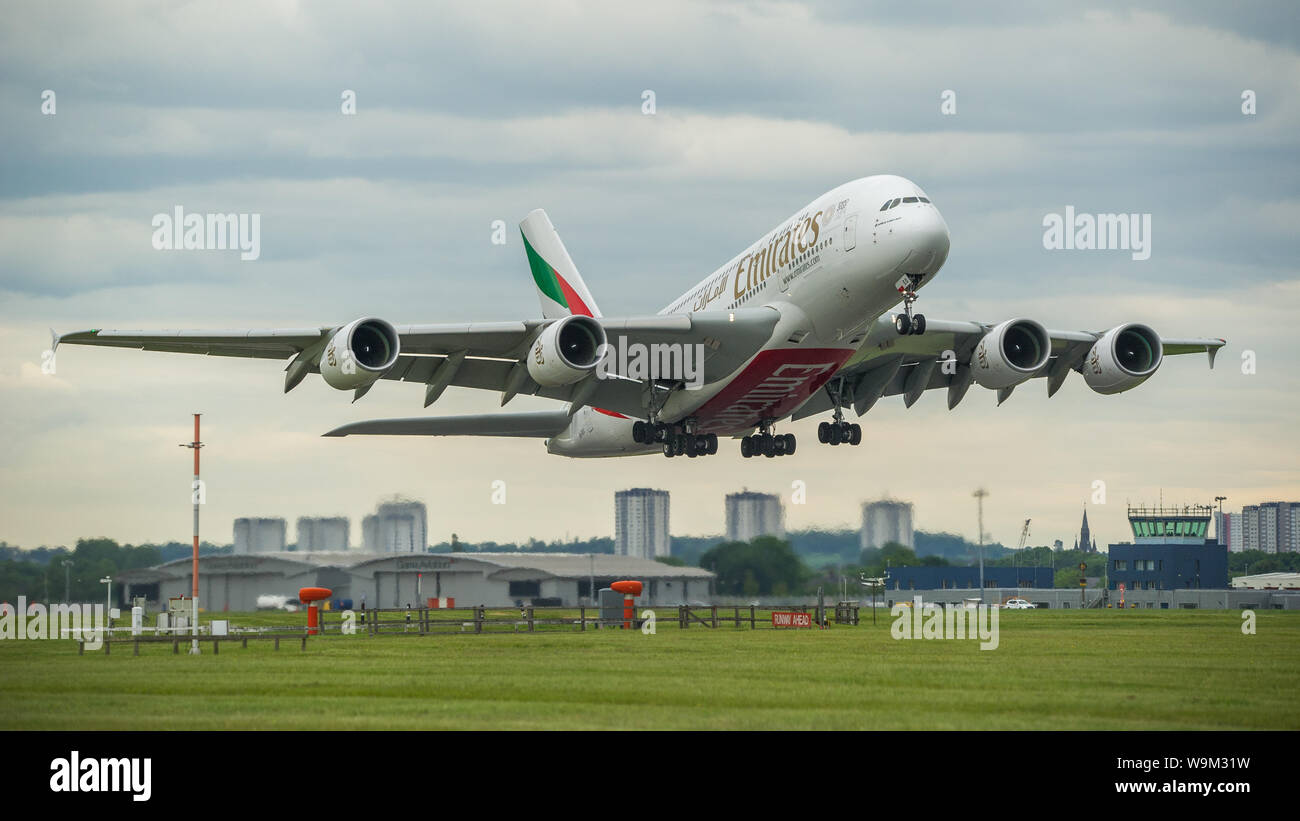 Glasgow UK 4 June 2019 Emirates Airbus A380 Super Jumbo Seen At glasgow-uk-4-june-2019-emirates-airbus-a380-super-jumbo-seen-at