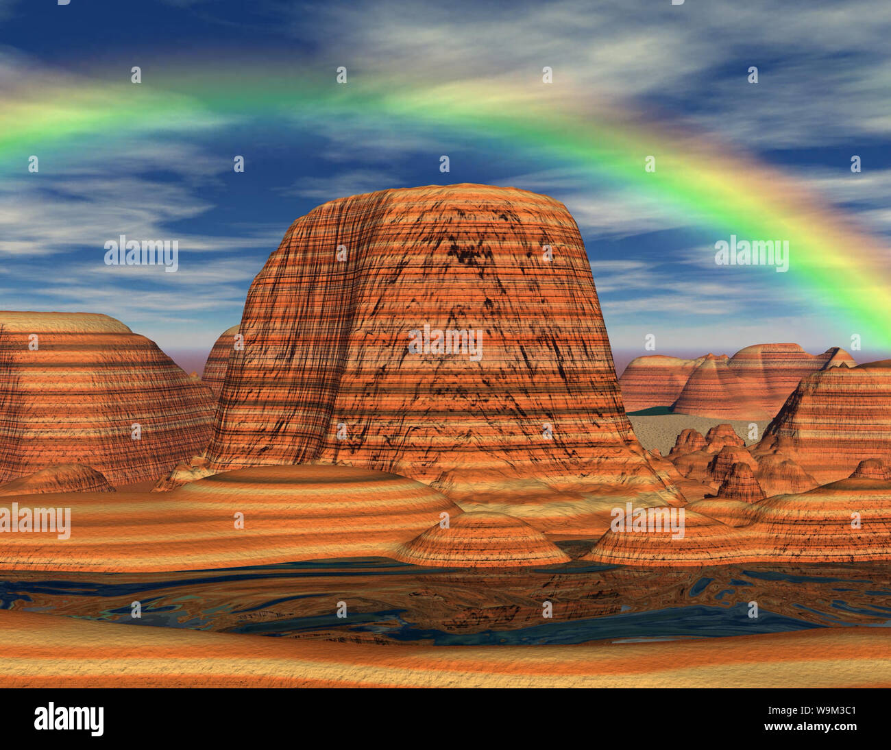Illustration of desert with river and rainbow in sky Stock Photo - Alamy