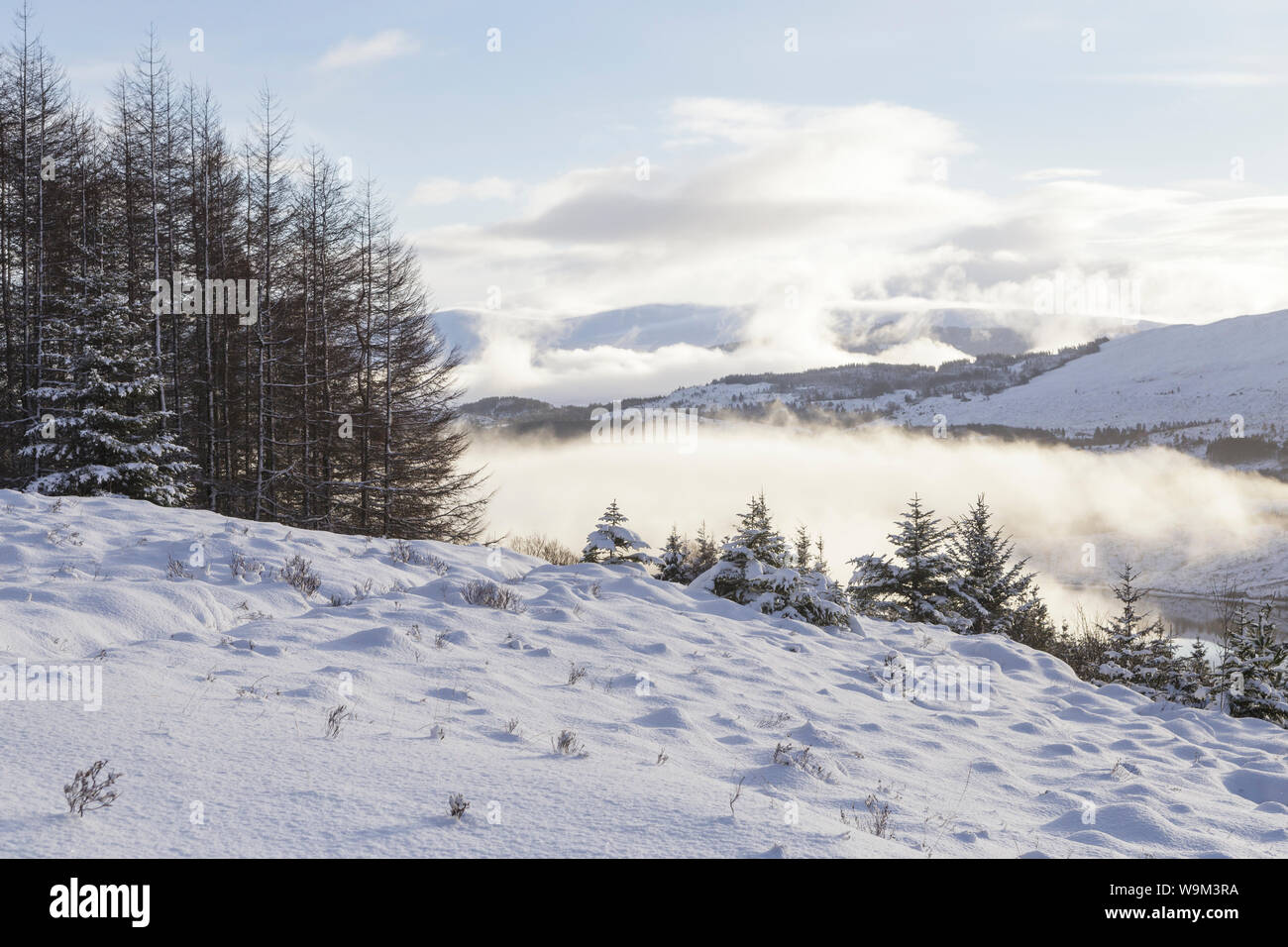Snow covered landscape of Glen Garry in the Scottish Highlands, UK. Stock Photo