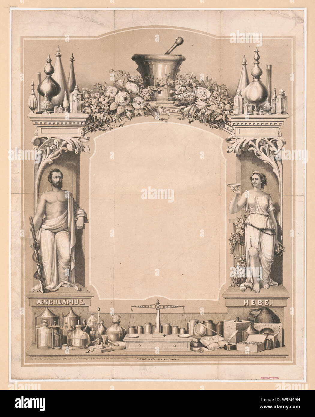 Apothecary card Abstract: Print shows a blank apothecary card with Aesculapius on the left and Hebe on the right flanking a large blank space, at top center is a mortar and pestle surrounded by flower blossoms, with various types of containers at the upper corners; at the bottom center is a balance with various chemical instruments to the right and left. Stock Photo