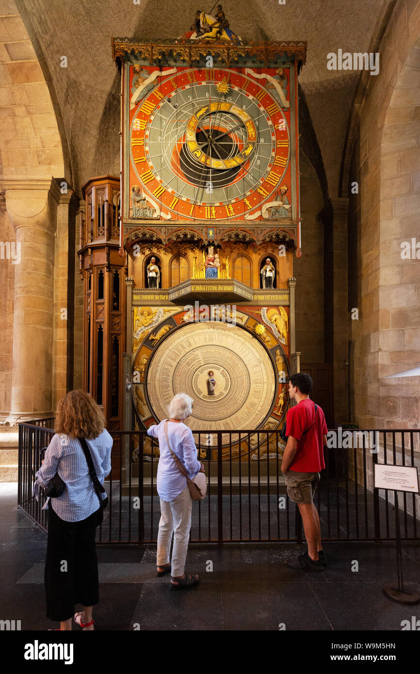 Lund tourists looking at the Astronomical clock, a 14th century medieval clock, interior of Lund cathedral, Lund Sweden Scandinavia Europe Stock Photo